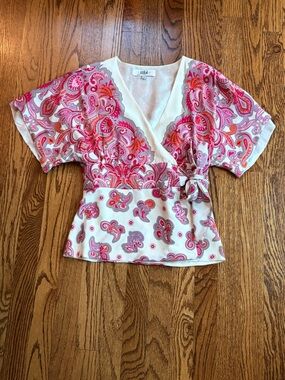 Tibi White Wrap Blouse with Pink & Orange Paisley
